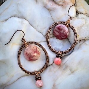 Pink Marbled Jade In Ethnic Hammered Antique Copper  Handcrafted Earrings